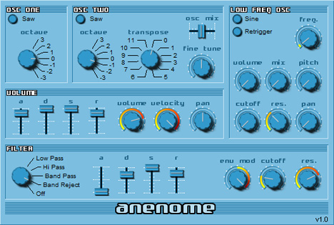 Anenome - free 2 osc analog synth plugin